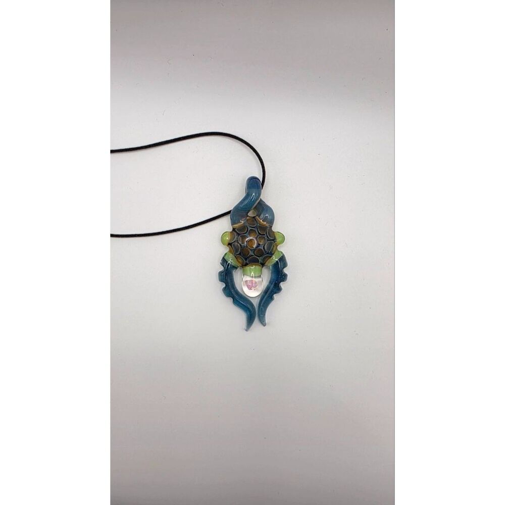 Hand-Blown Glass Pendant Necklace Blue Green Opal Accent Black Cord